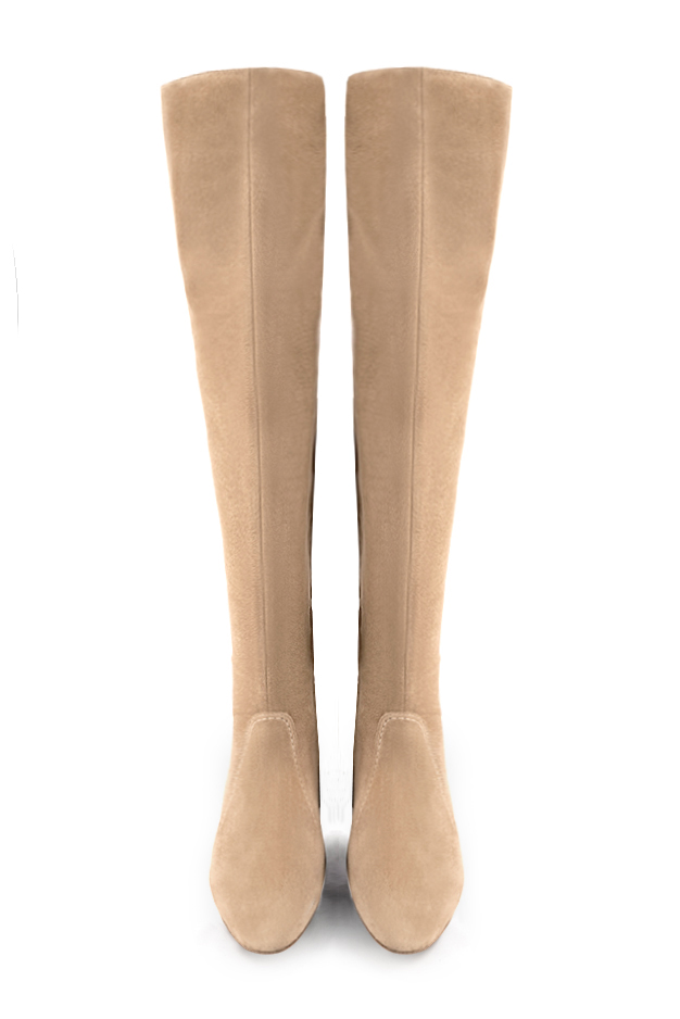 Tan beige women's stretch thigh-high boots. Round toe. Low flare heels. Made to measure. Top view - Florence KOOIJMAN